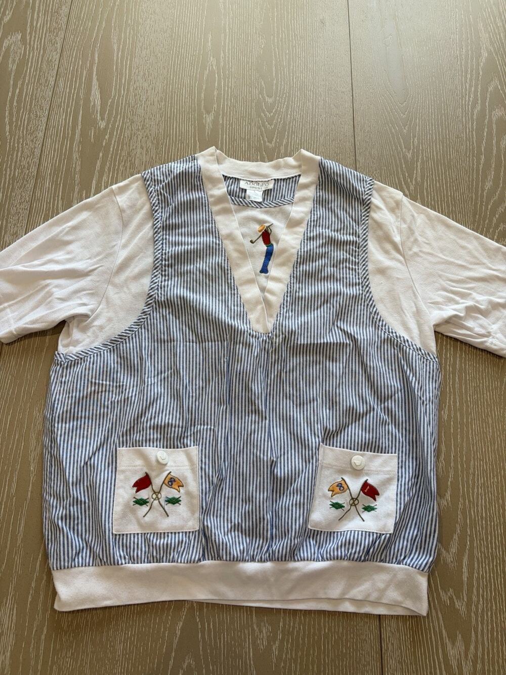 Vintage Adolfo Sport Blue/White striped Tee/Vest Size Large Embroidered Golf